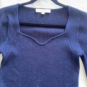 LOFT Sweater Blue Metallic Shimmer Ribbed Knit Bell Sleeve, Medium, EUC